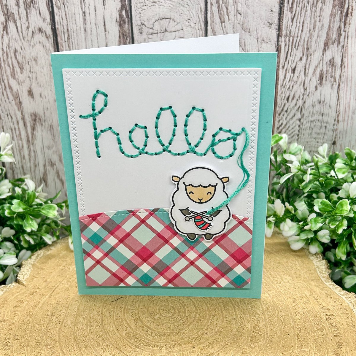 Sheep Knitting Hello Handmade Card-1
