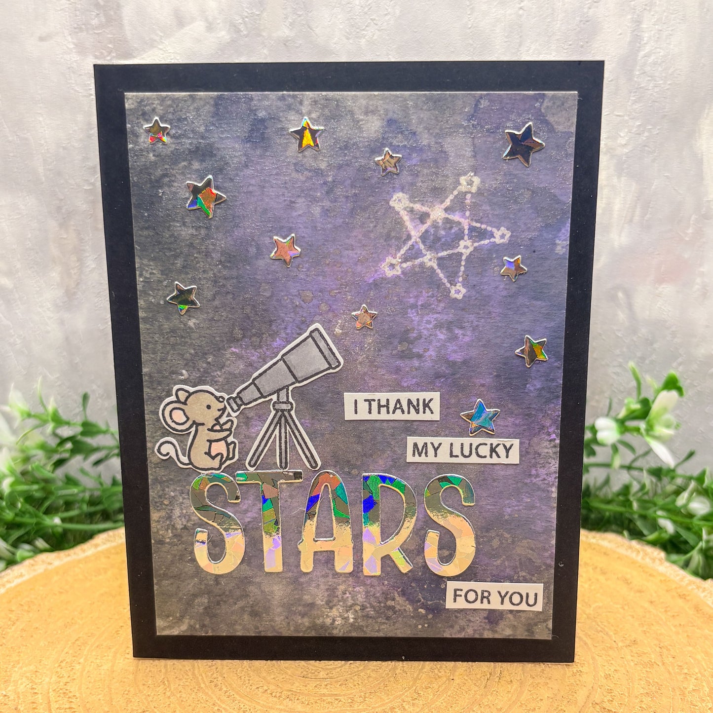 Handmade Thank You Card with a mouse, telescope, and 'I thank my lucky stars for you' text on a starry background.