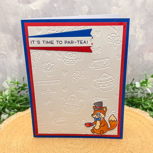 Card with fox illustration and 'It's time to par-tea!' text on a textured background