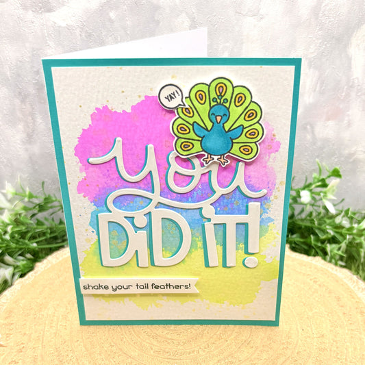Watercolour Peacock You Did It! Handmade Congratulations Card-1