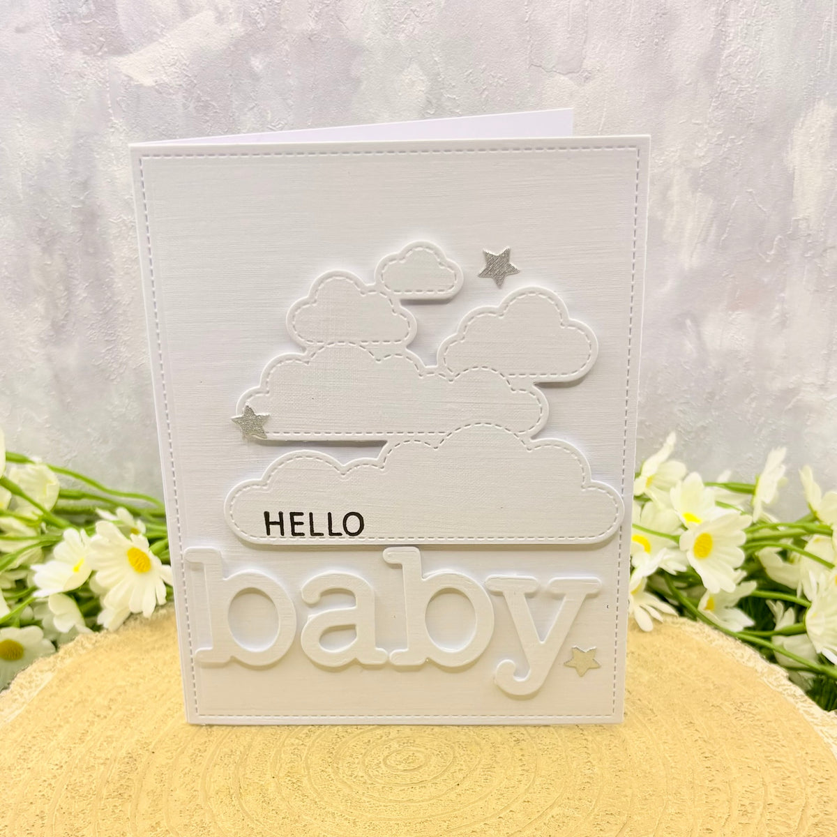 White Clouds Hello Baby Handmade New Baby Card-1