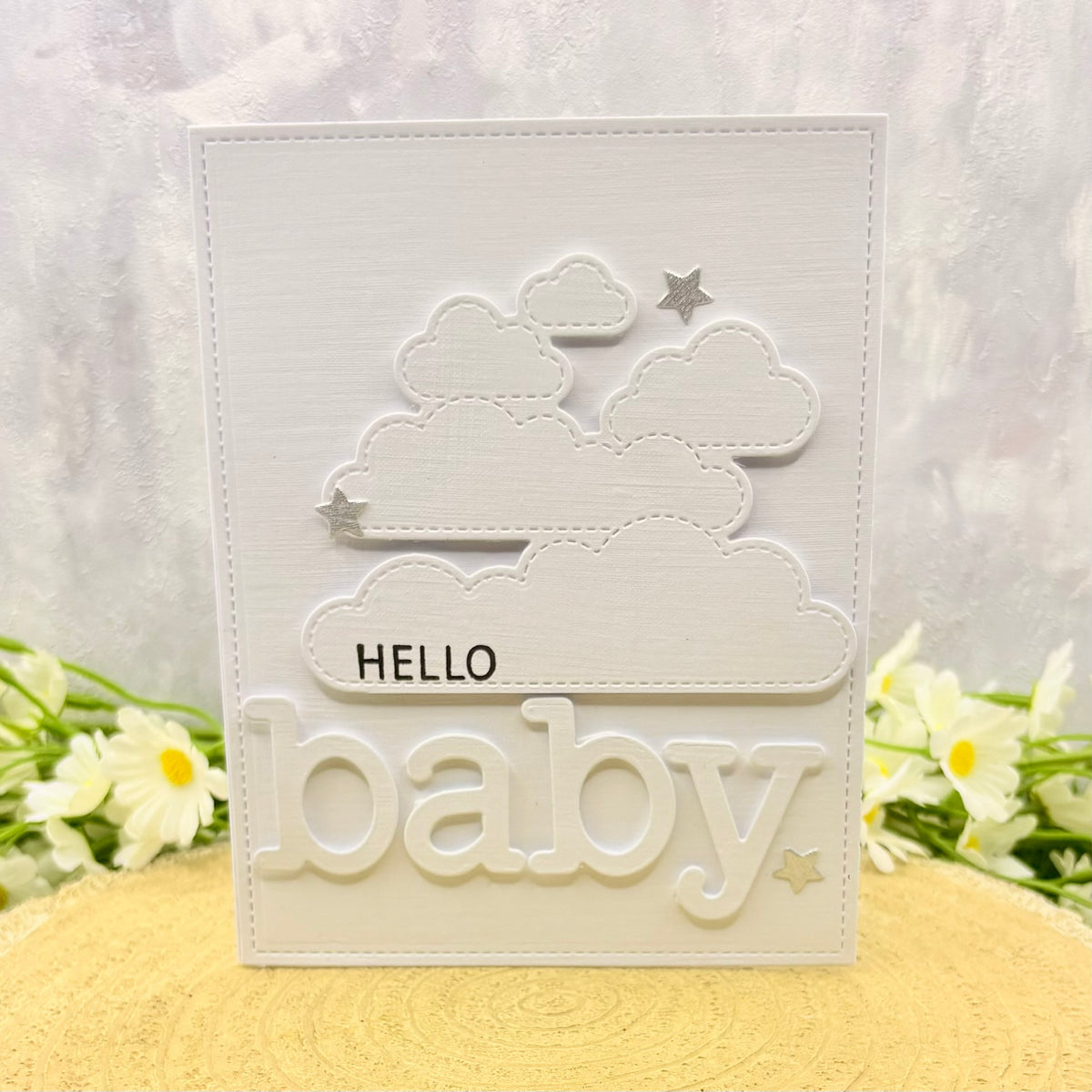 White Clouds Hello Baby Handmade New Baby Card
