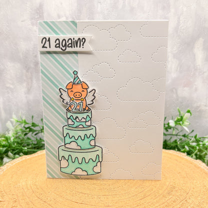 21 Again Flying Pig Joke Handmade Birthday Card