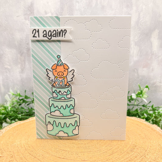 21 Again Flying Pig Joke Handmade Birthday Card