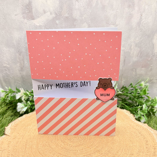 Bear Holding Pink Mum Heart Handmade Mother's Day Card-1