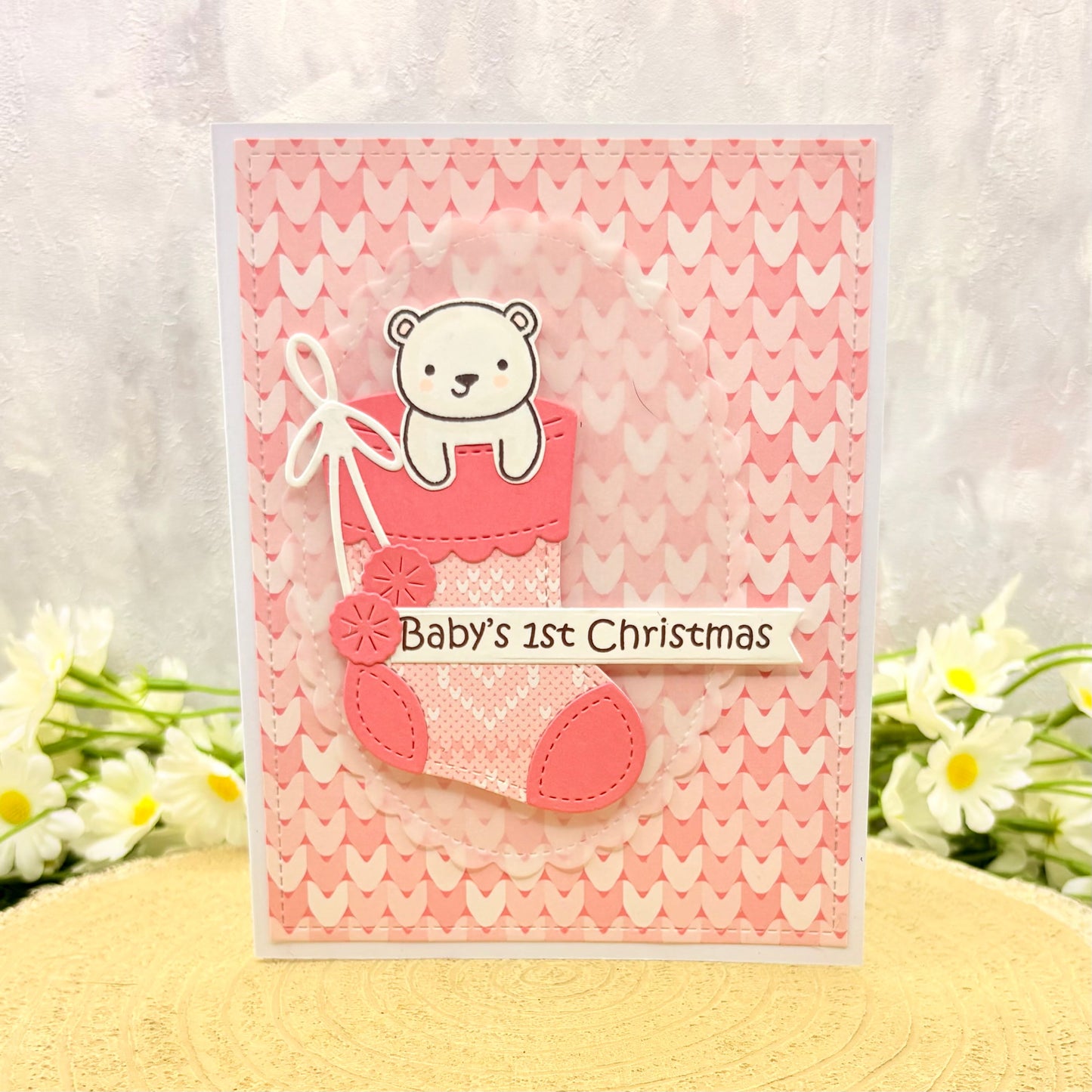 Bear in Socking Baby Girl's 1st Handmade Christmas Card