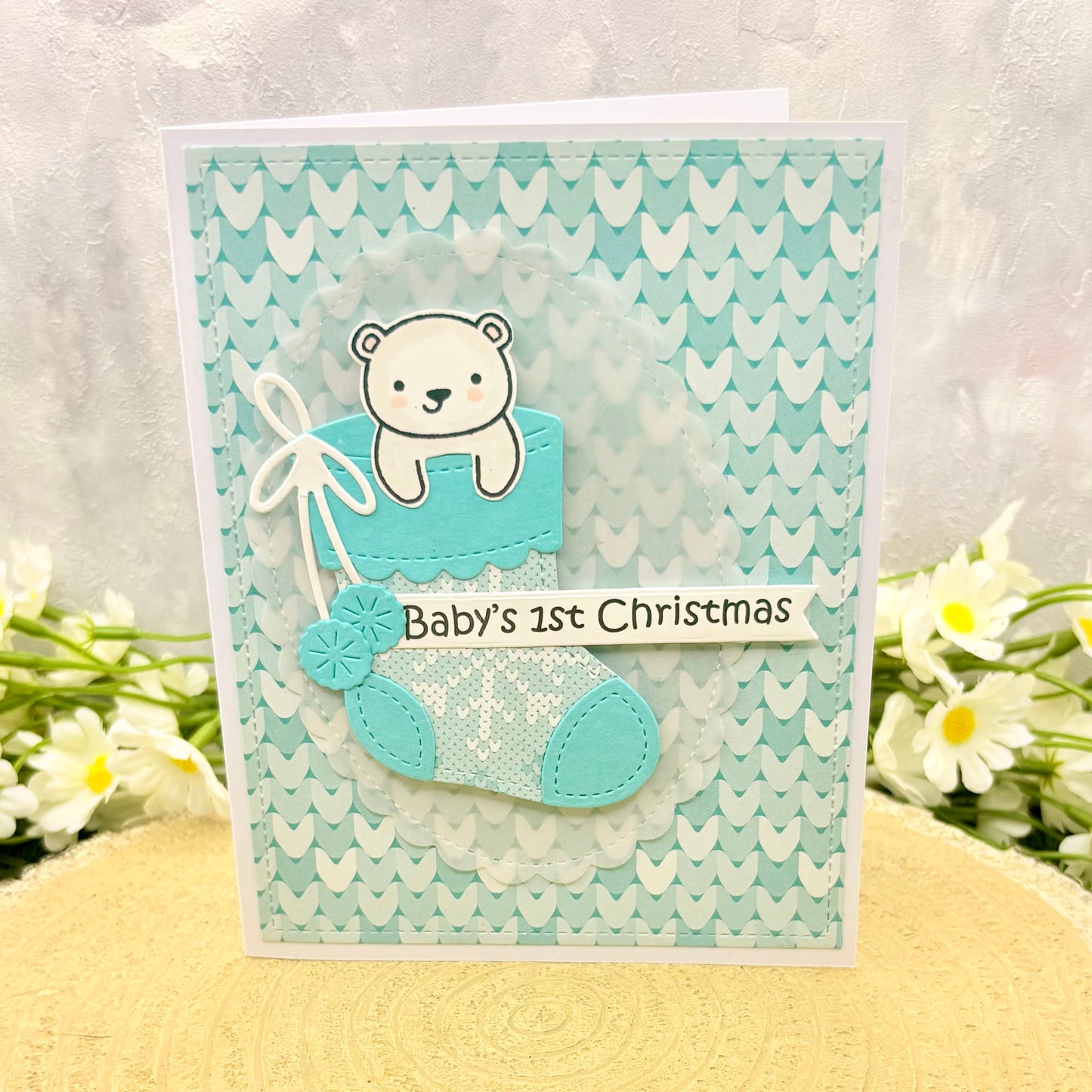Bear in Stocking Baby Boy's 1st Handmade Christmas Card-1