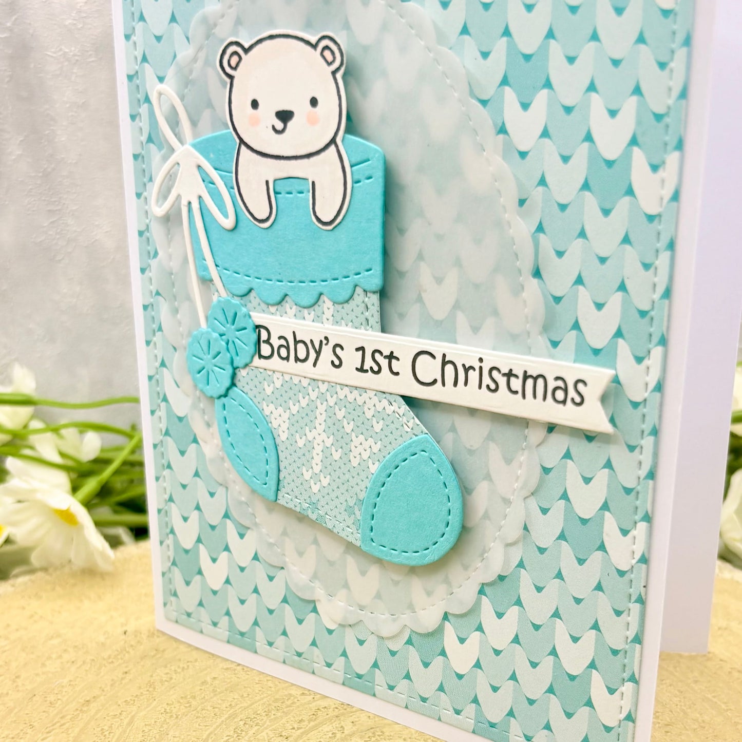 Bear in Stocking Baby Boy's 1st Handmade Christmas Card-2