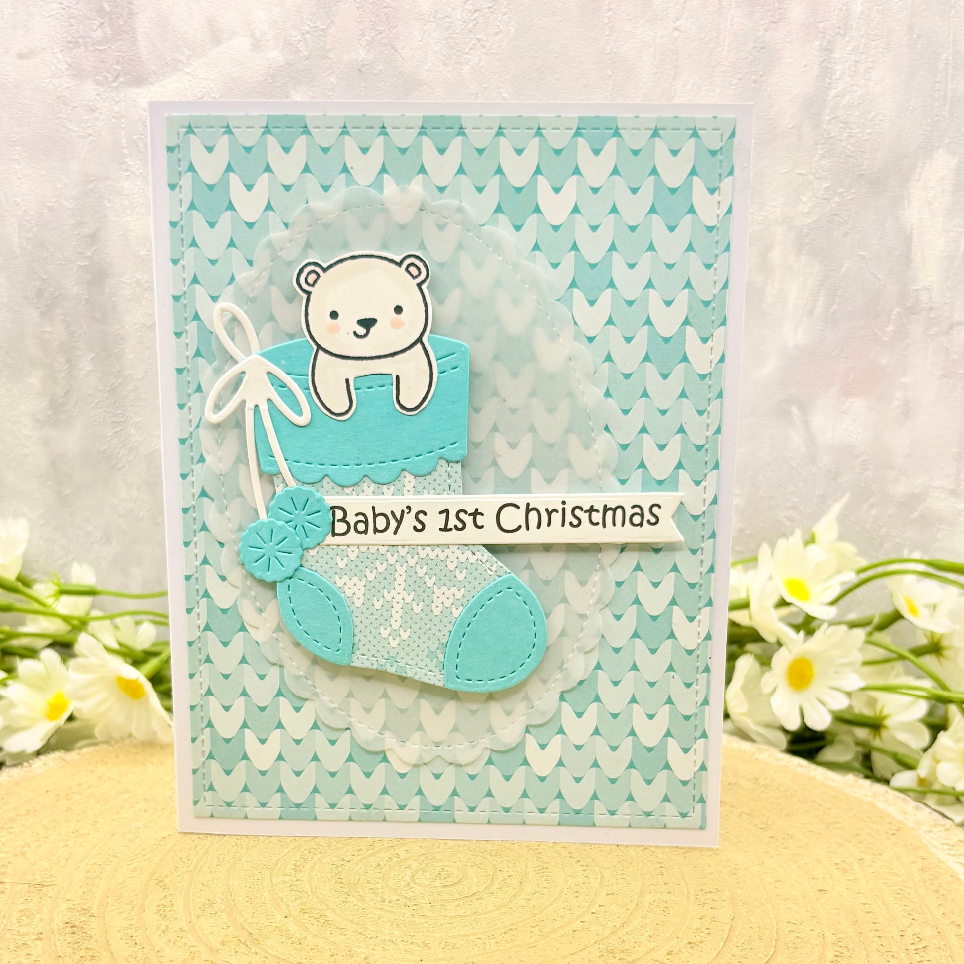 Bear in Stocking Baby Boy's 1st Handmade Christmas Card