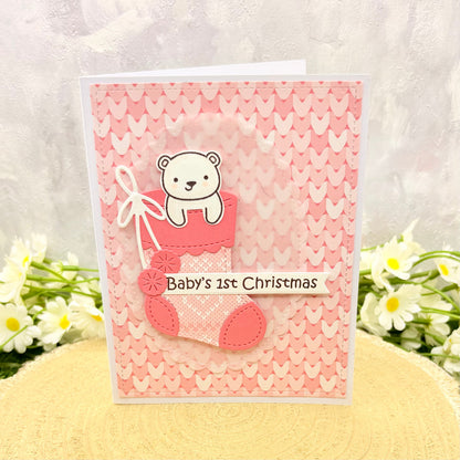 Bear in Stocking Baby Girl's 1st Handmade Christmas Card-1