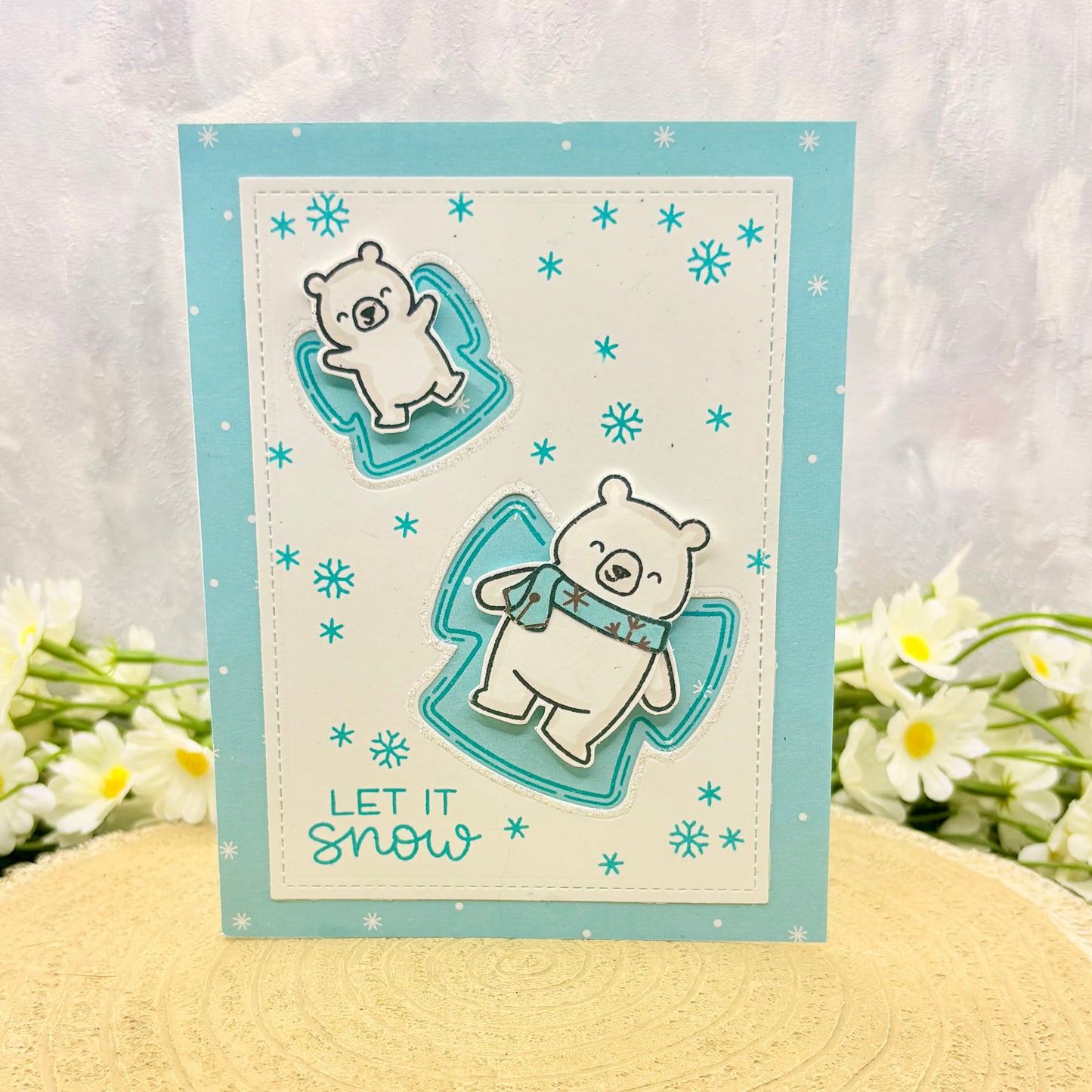 Bears Making Snow Angels Handmade Christmas Card