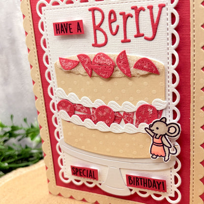 Handmade birthday card with cake design and 'Have a Berry Special Birthday!' text.