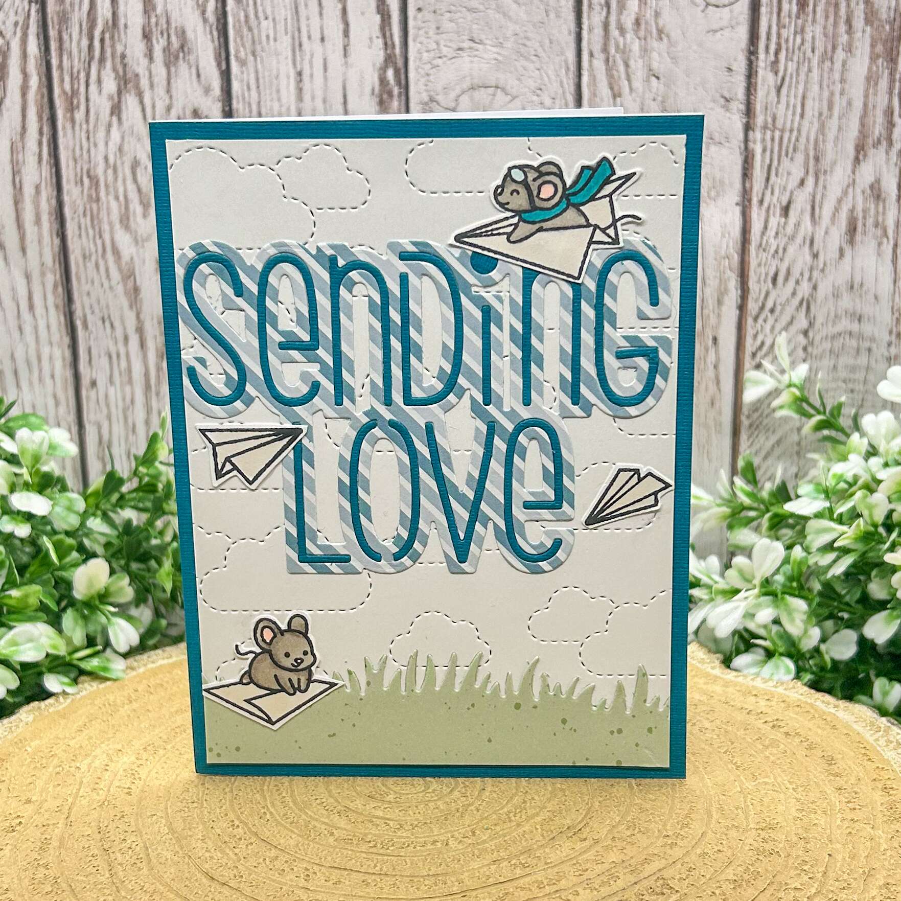 Blue Sending Love Mice Handmade Card