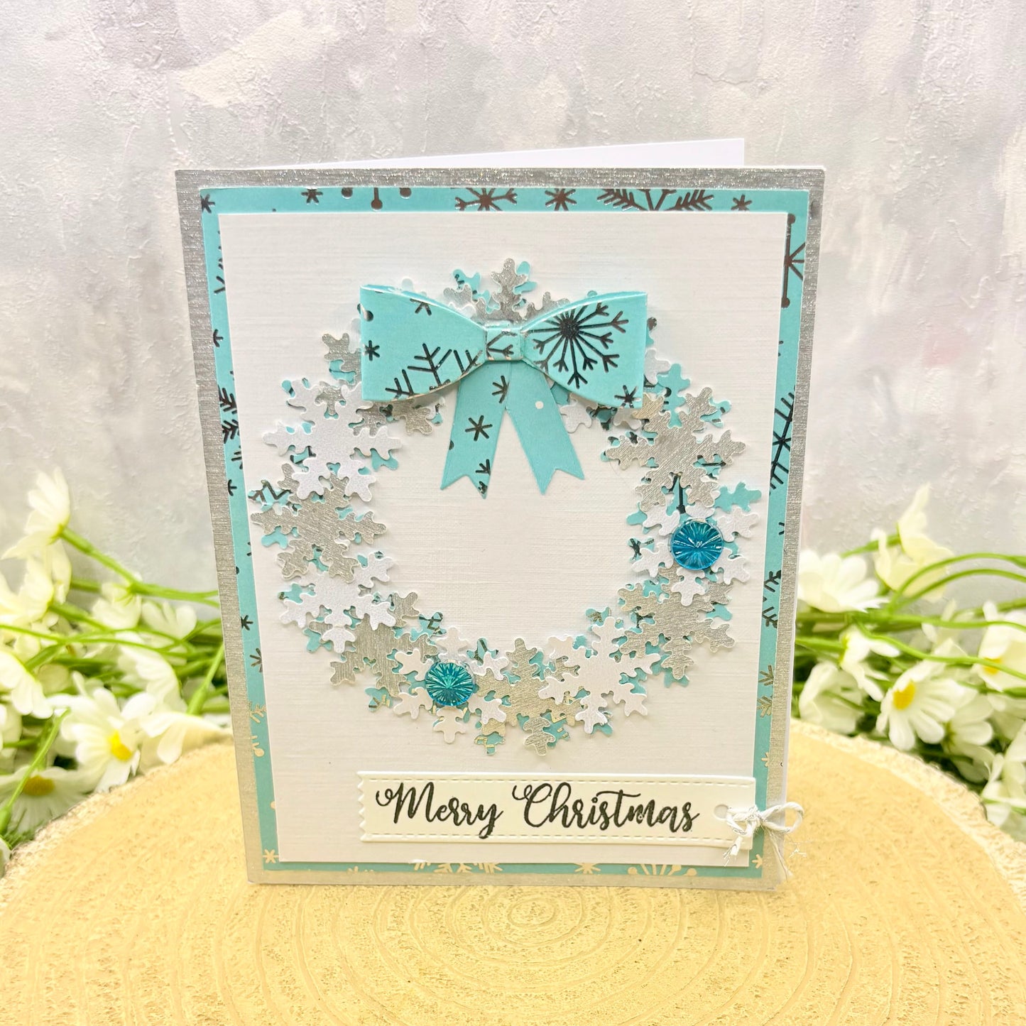 Blue & Silver Snowflake Wreath Handmade Christmas Card-1