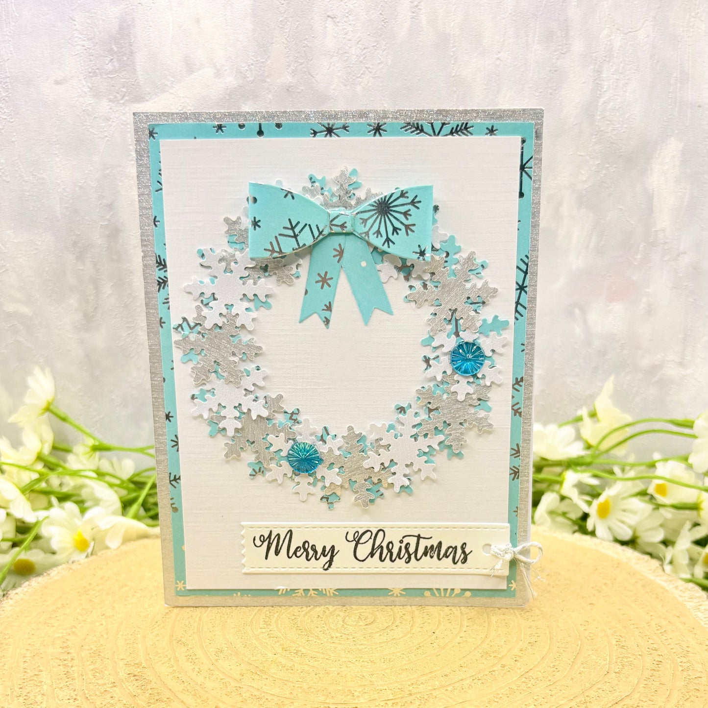 Blue & Silver Snowflake Wreath Handmade Christmas Card