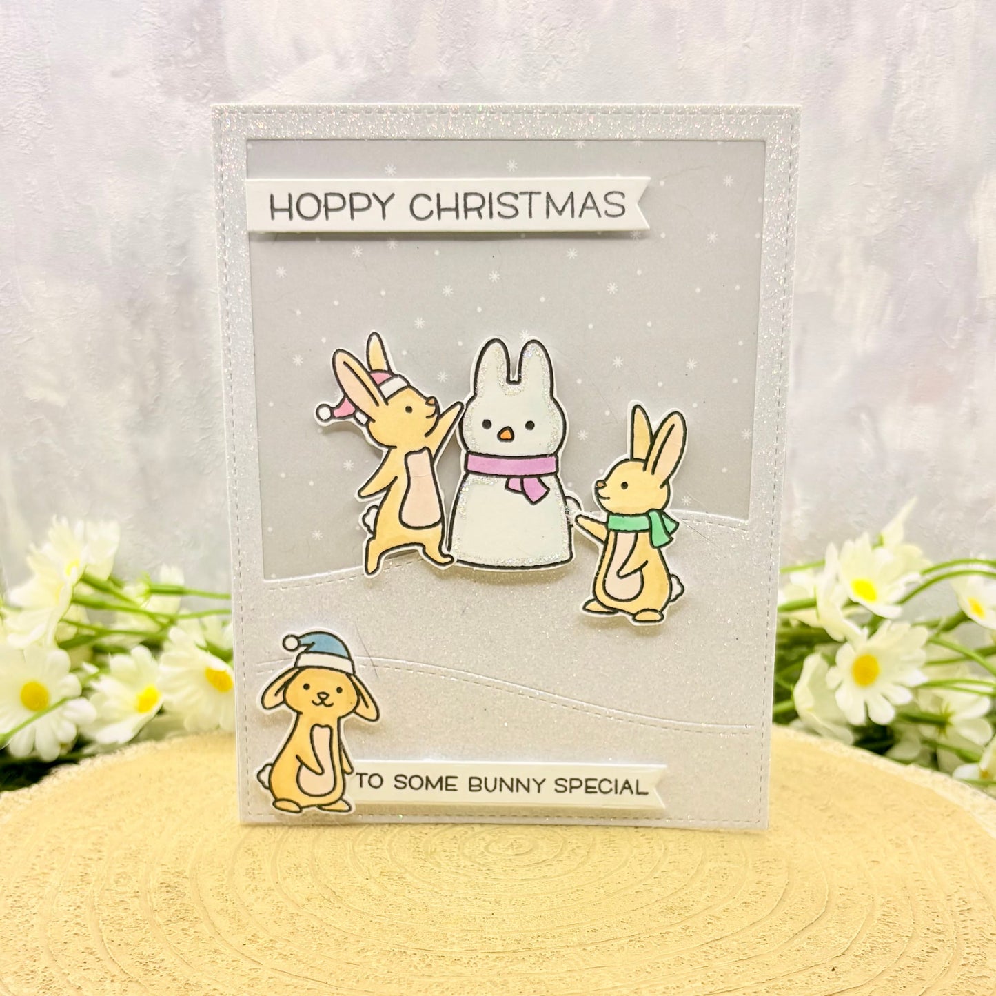 Bunnies & Snowman Handmade Christmas Card