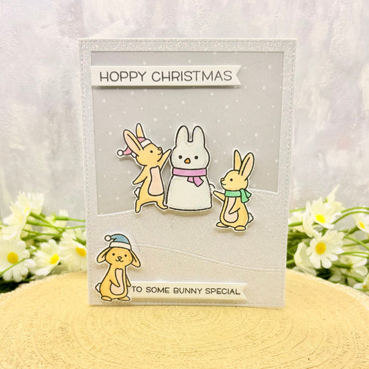 Bunnies & Snowman Handmade Christmas Card