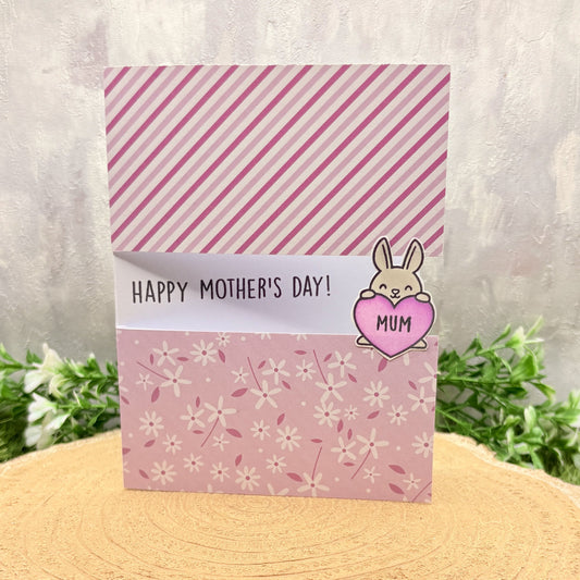Bunny Holding Purple Mum Heart Handmade Mother's Day Card