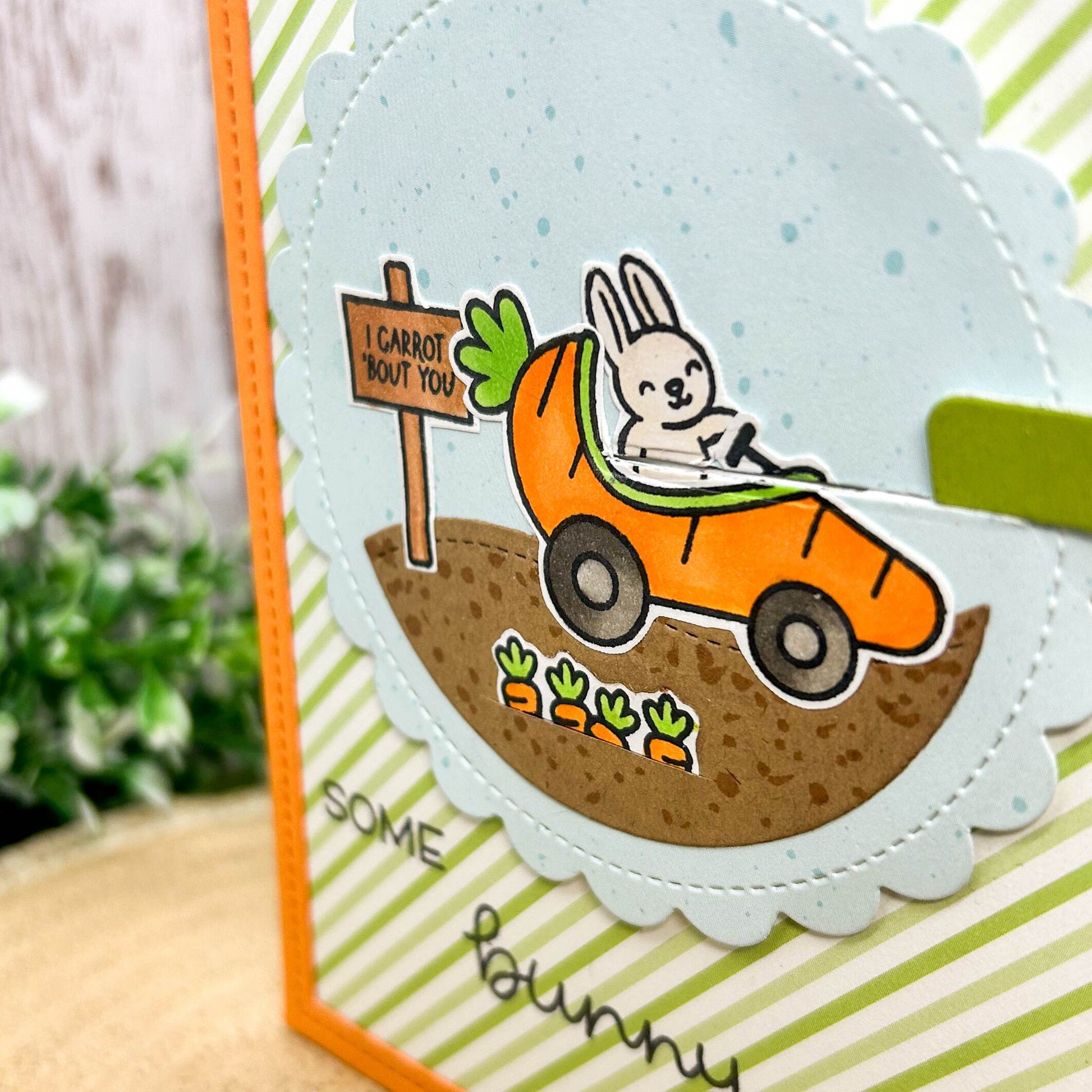 Bunny In Carrot Car Interactive Reveal Handmade Card-3