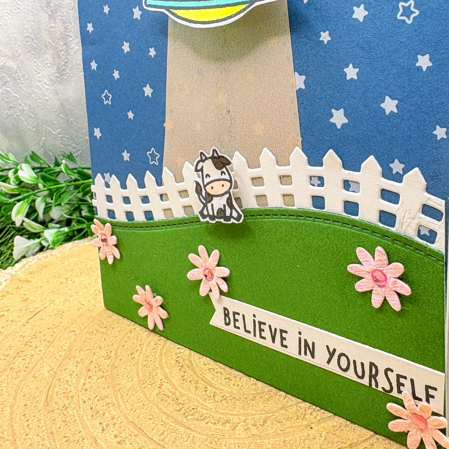 Space Invasion Cow Believe In Yourself Handmade Card