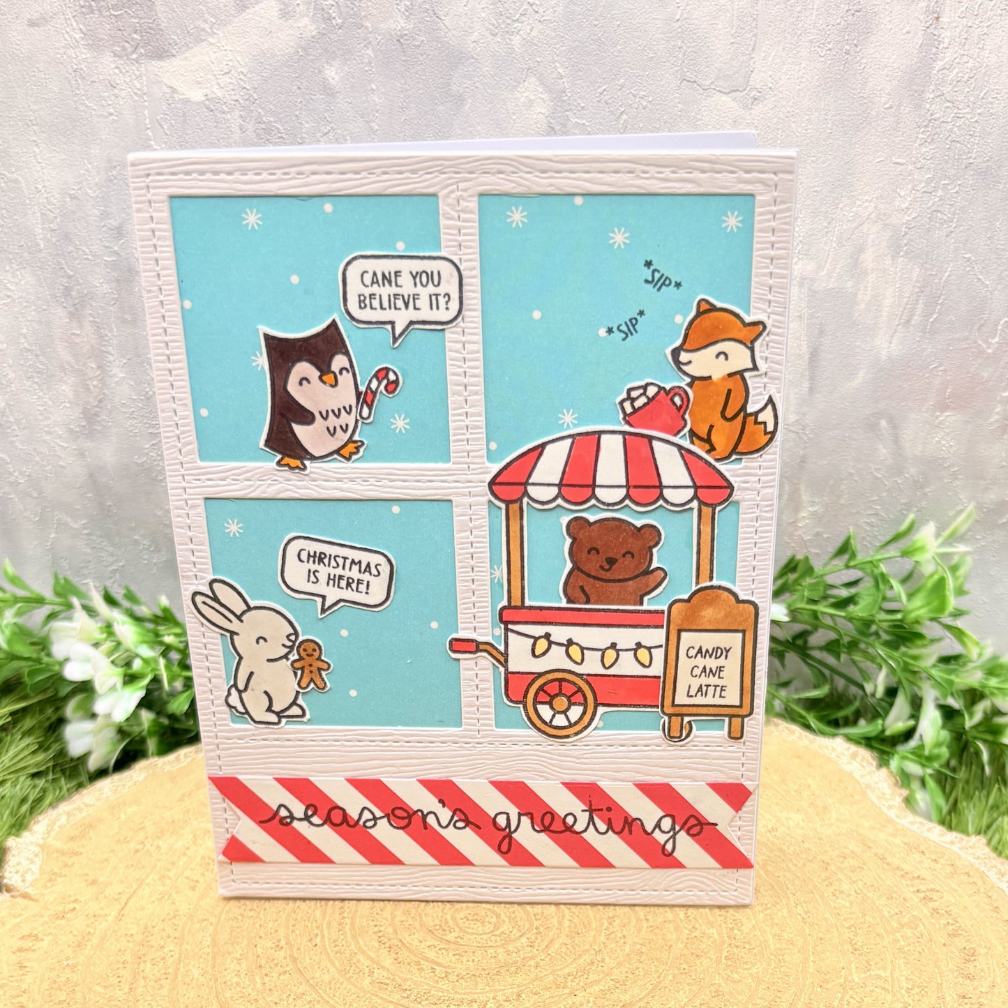 Candy Cane Cart Critters Handmade Christmas Card-1