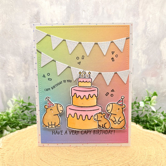 Capybara Trio & Cake Handmade Birthday Card