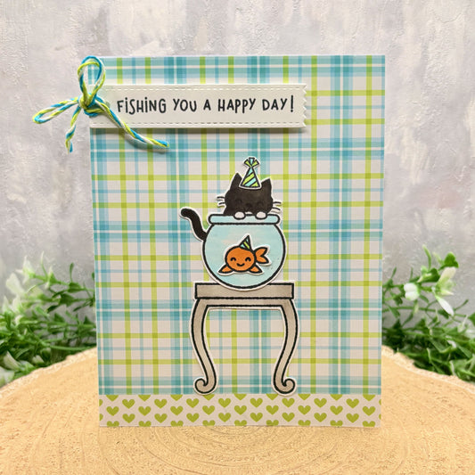 Cat & Fish Bowl Handmade Birthday Card