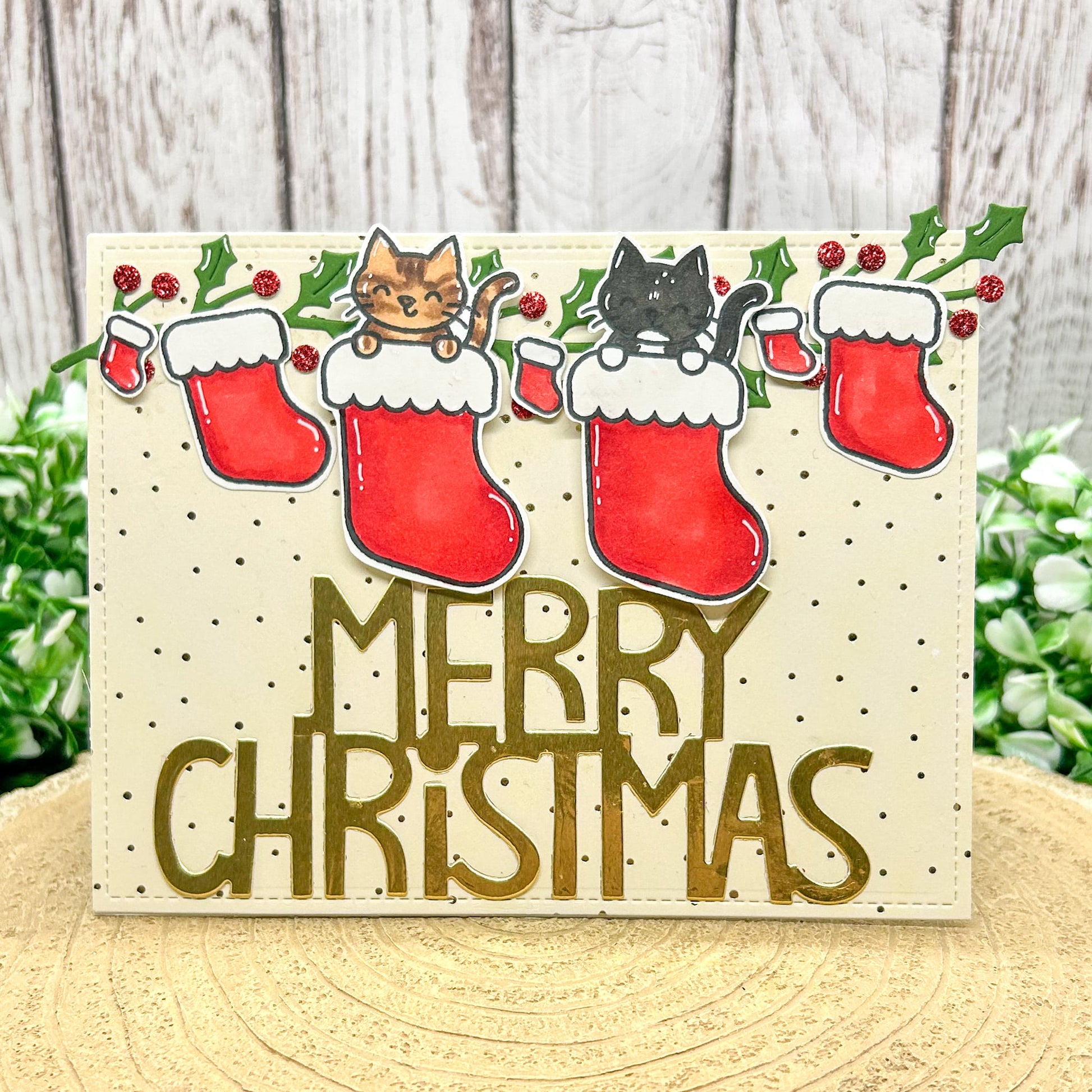 Cats In Stockings Handmade Christmas Card