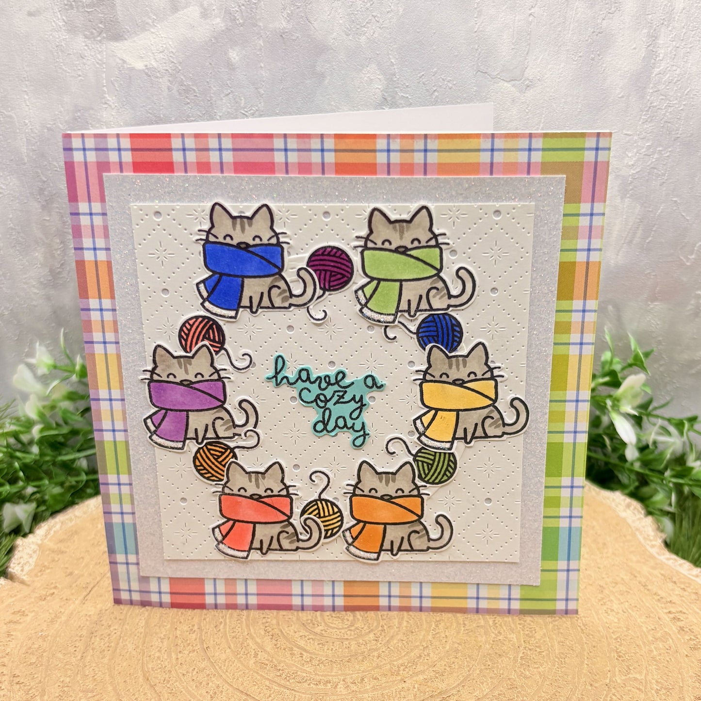 Colourful Cat Scarves Have A Cozy Day Handmade Card-1