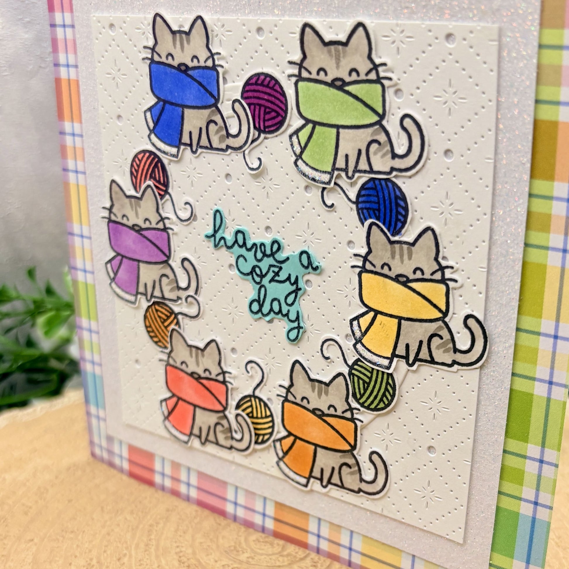 Colourful Cat Scarves Have A Cozy Day Handmade Card-2