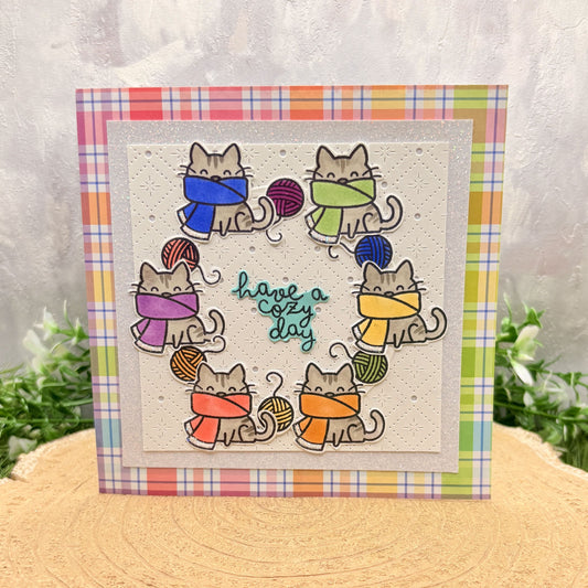 Colourful Cat Scarves Have A Cozy Day Handmade Card