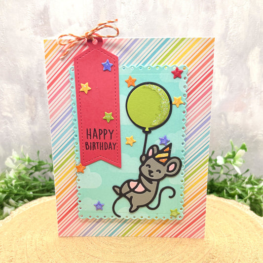 Colourful Mouse Holding Balloon Handmade Birthday Card