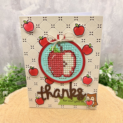 Cross Stitched Apple & Owl Handmade Thank You Card-1