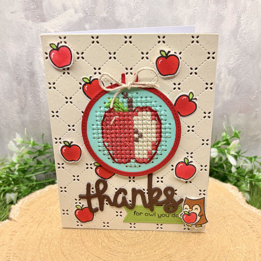Cross Stitched Apple & Owl Handmade Thank You Card-1