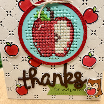 Cross Stitched Apple & Owl Handmade Thank You Card-2