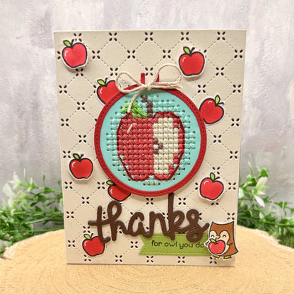 Cross Stitched Apple & Owl Handmade Thank You Card