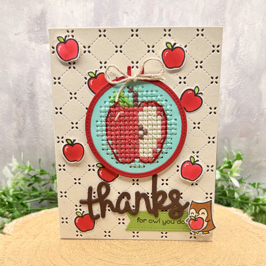 Cross Stitched Apple & Owl Handmade Thank You Card