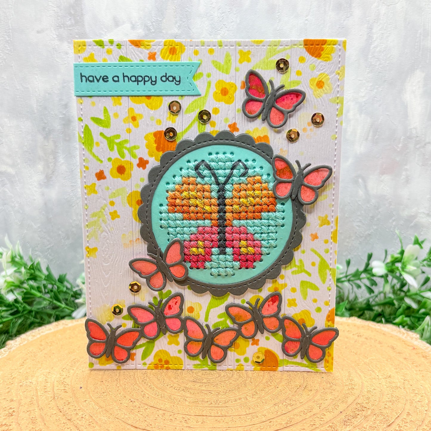 Cross Stitched Butterfly Handmade Birthday Card