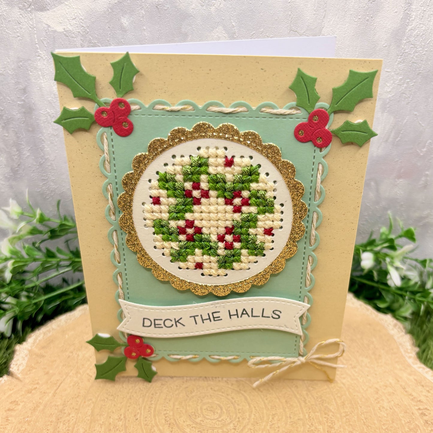 Cross Stitched Wreath Handmade Christmas Card-1