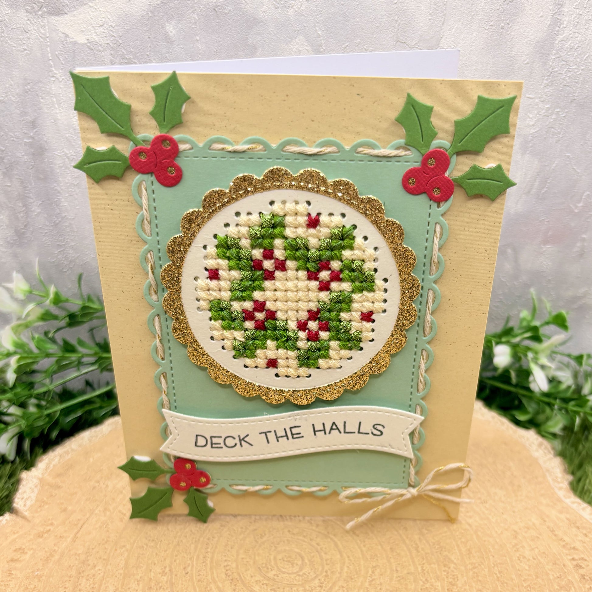 Cross Stitched Wreath Handmade Christmas Card-1
