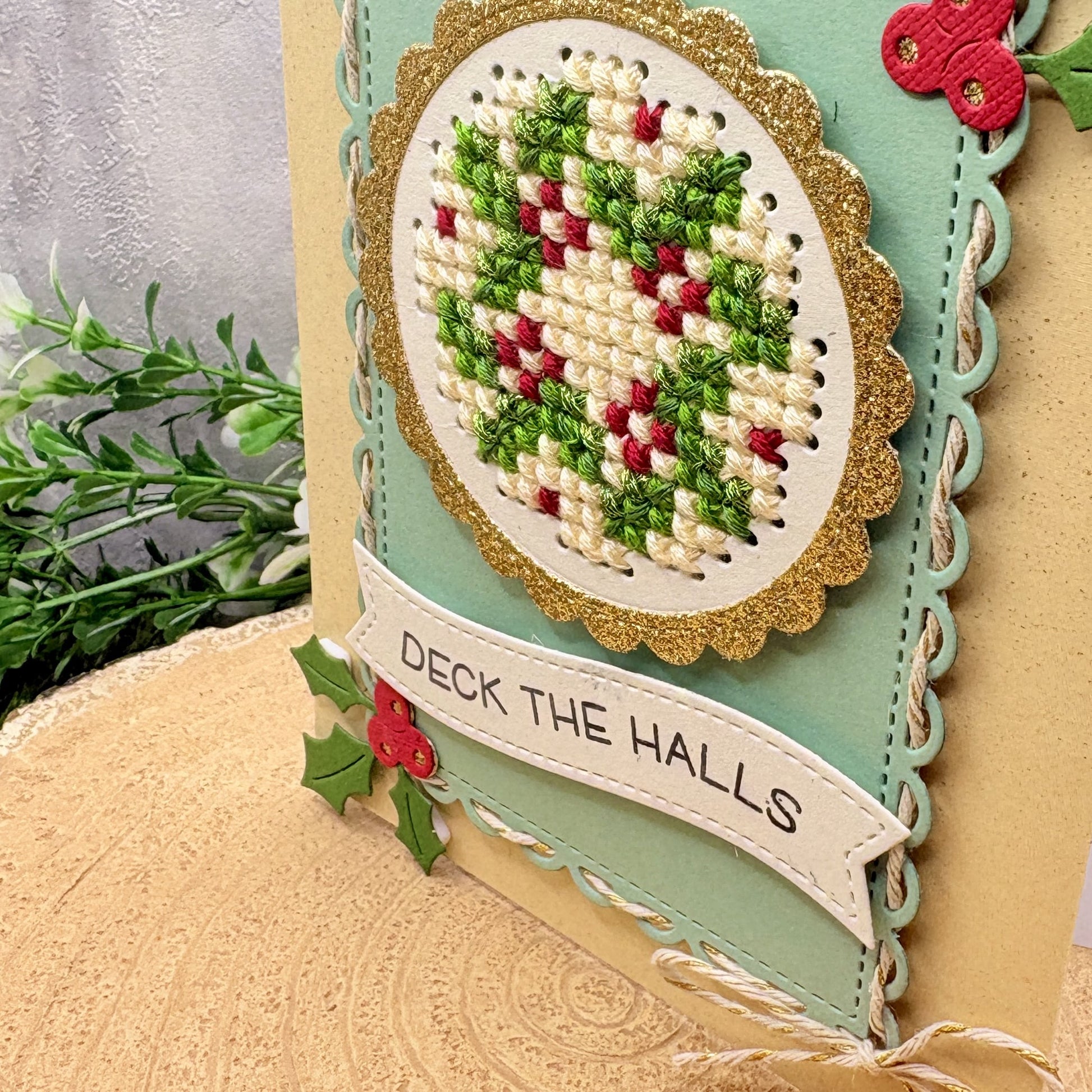 Cross Stitched Wreath Handmade Christmas Card-2