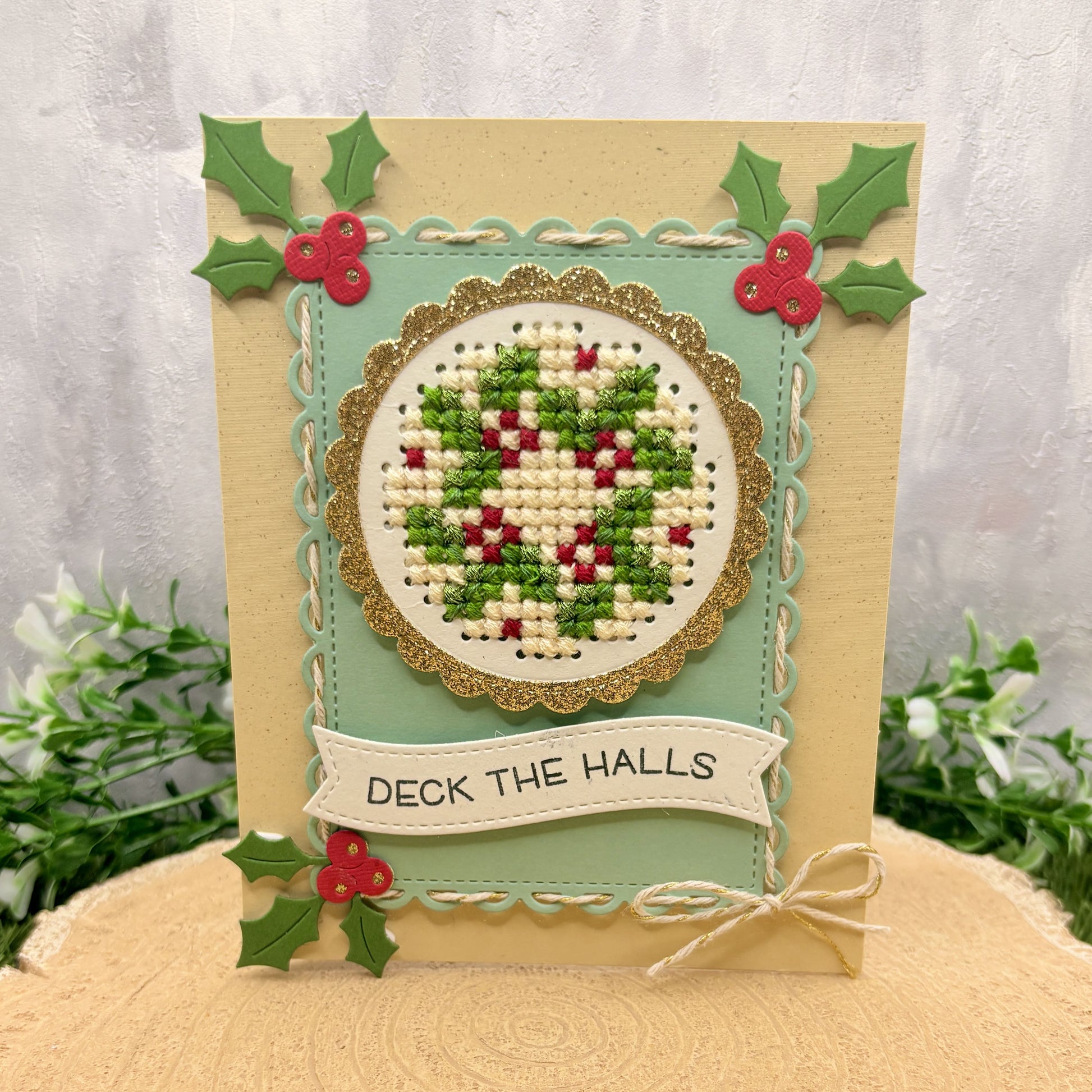 Cross Stitched Wreath Handmade Christmas Card
