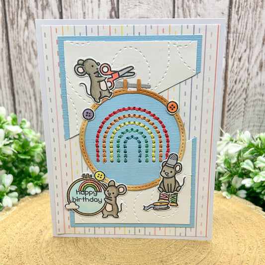 Cross Stitching Mice Handmade Birthday Card
