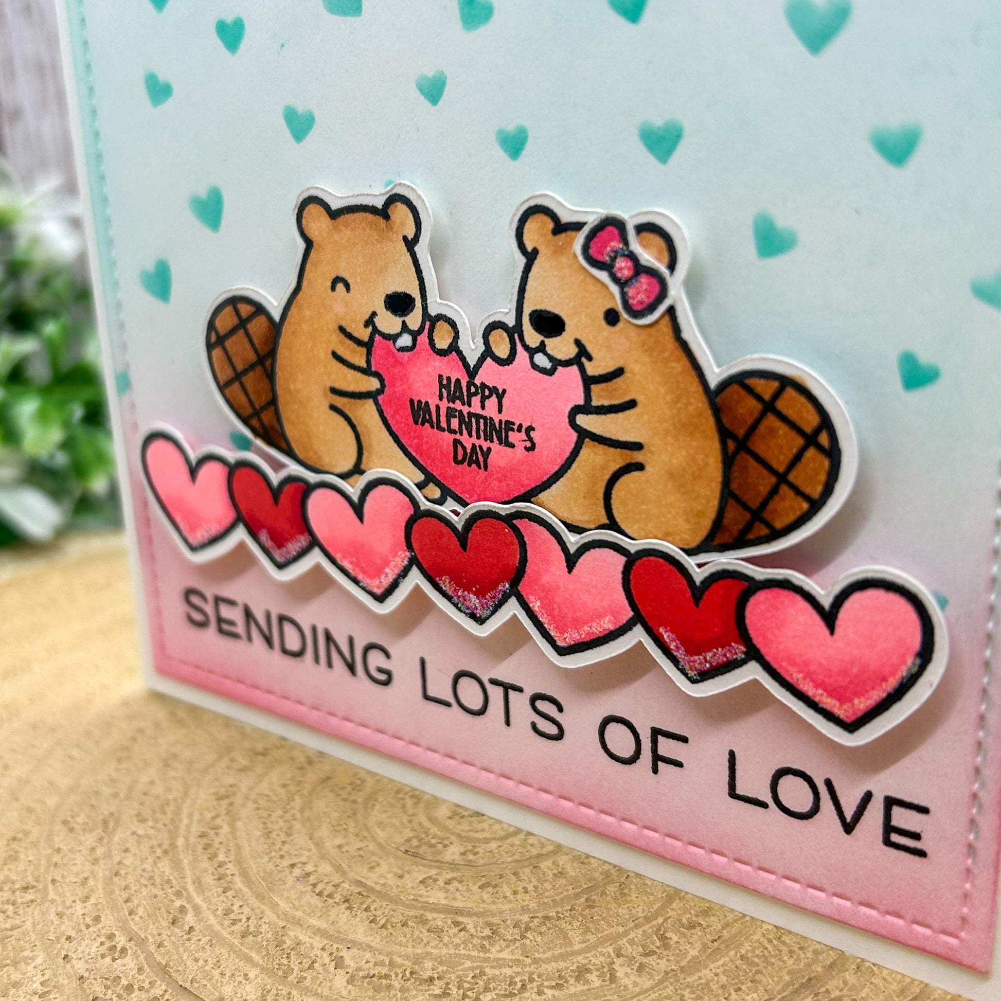 Cute Beavers Sending Love Handmade Valentine's Card-2