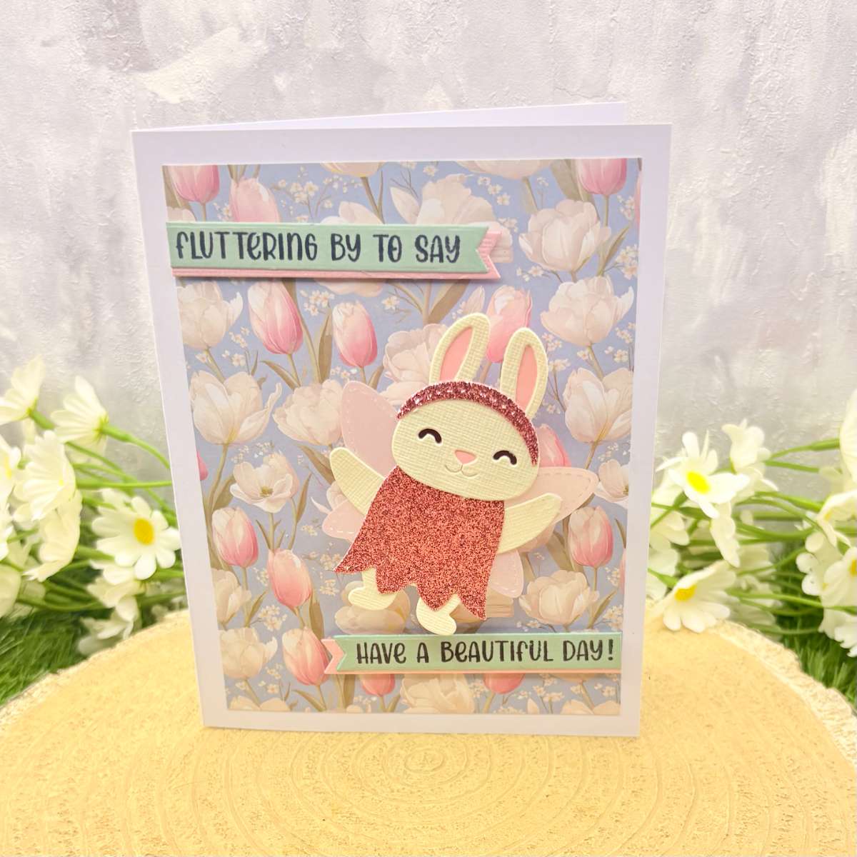 Cute Bunny & Flowers Beautiful Day Handmade Birthday Card-1