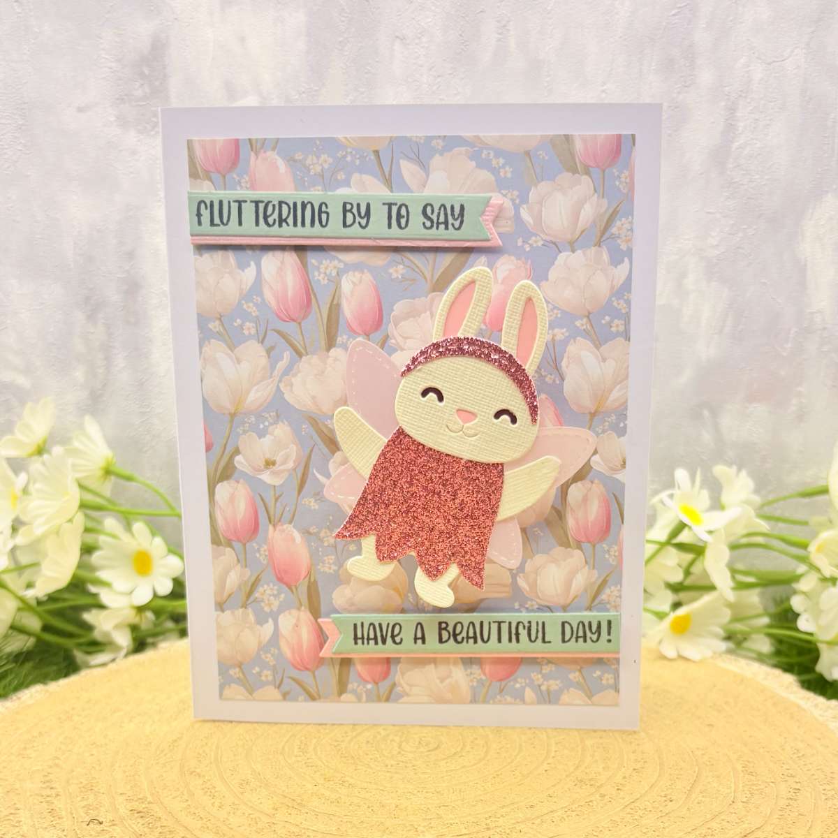 Cute Bunny & Flowers Beautiful Day Handmade Birthday Card