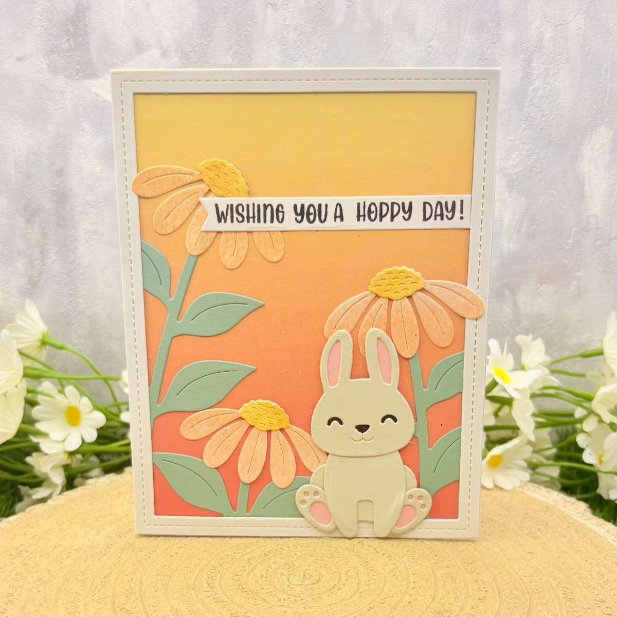 Cute Bunny & Flowers Hoppy Day Handmade Birthday Card