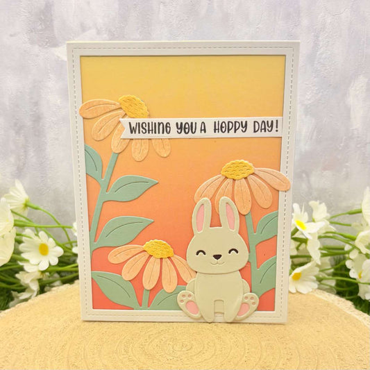 Cute Bunny & Flowers Hoppy Day Handmade Birthday Card