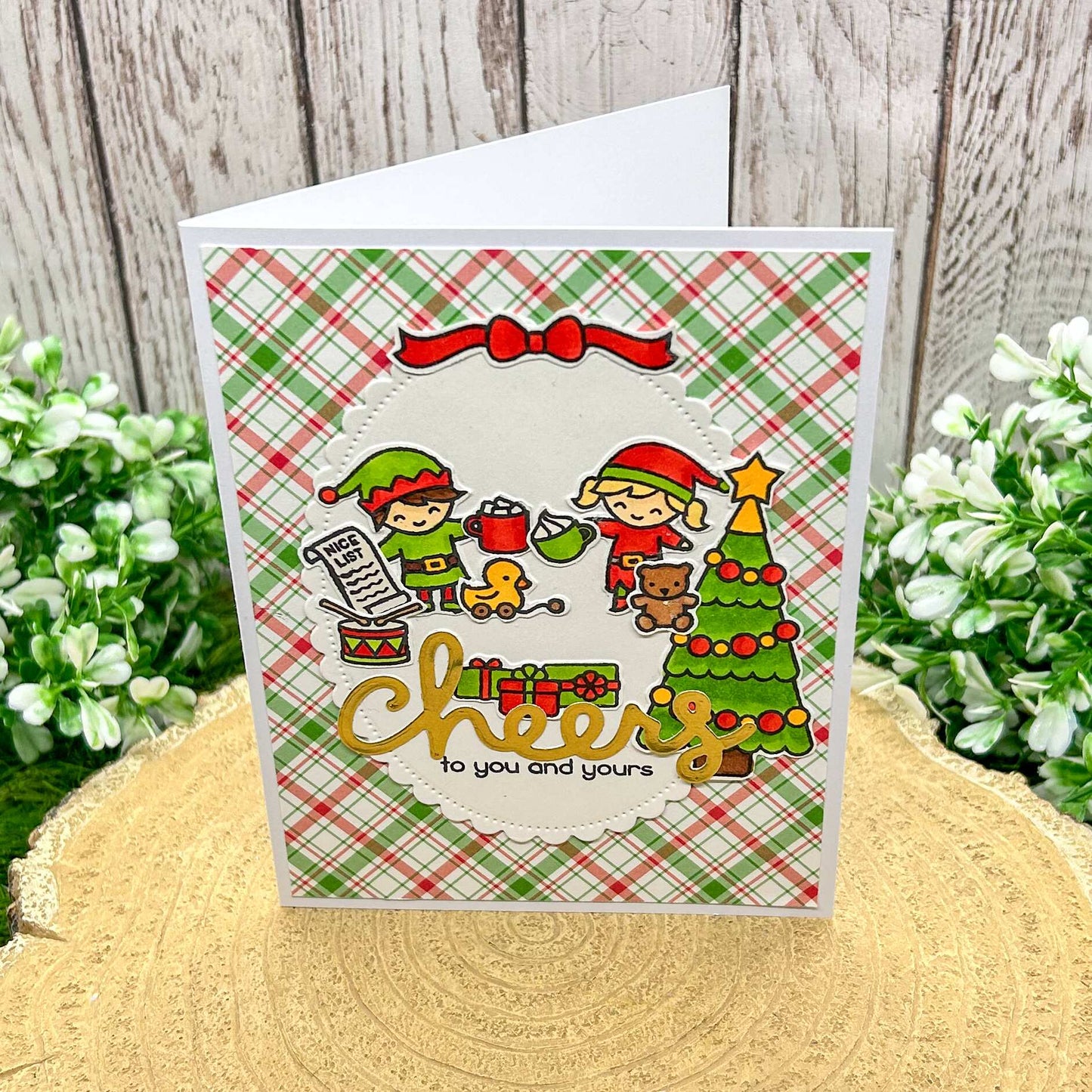 Cute Elves By Xmas Tree Handmade Christmas Card-1
