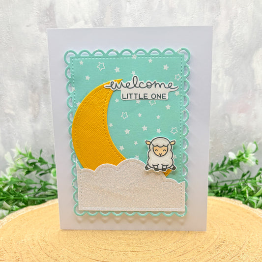 Cute Lamb & Moon Welcome Little One Handmade New Baby Card